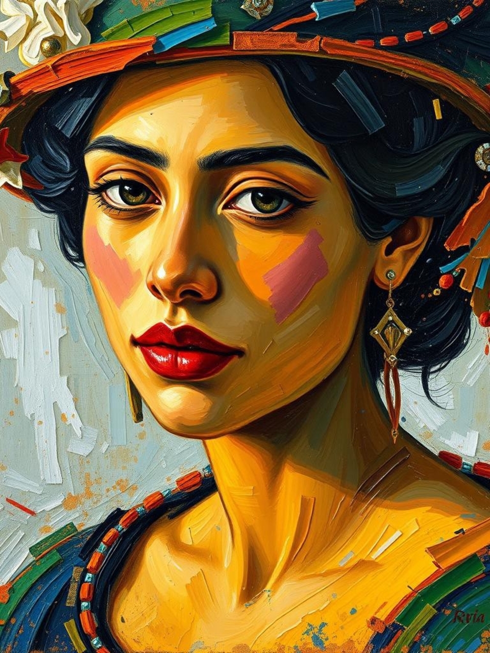 Hand-Painted Portrait Art Print in Red and Gold - Elegant Home Accent
